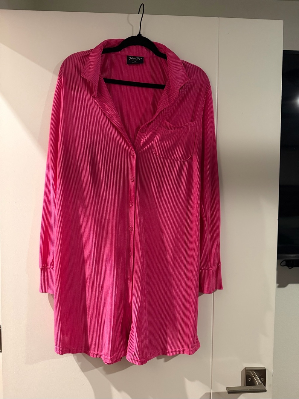 Fashion Nova Ribbed Button-Front Sleep Shirt Dress - Bright Pink